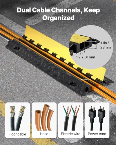 VEVOR 3 PCs Rubber Cable Protector Ramp, 2 Channel Heavy Duty TPU Floor Cord Hose Wire Cover, 1.2'' W x 1.1'' H Channel Size, Traffic Speed Bump with Flip-Open Top Cover, for Indoor Outdoor Use - style: 3 PCs