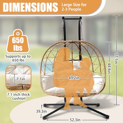 Double Egg Swing Chair with Stand - 2 Person Hammock Egg Chair for Outdoor, Patio, Garden & Balcony - Heavy-Duty Steel Frame, All-Weather Pe Rattan & Uv-Resistant Cushions - color: Yellow