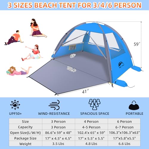 Happy Travel Beach Tent, UPF 50+ UV Protection Sun Shade Shelter for 3/4/5/6/7/8 Person, Portable Beach Canopy for Family & Baby, Lightweight & Easy Setup Beach Cabana with 3 Ventilation Mesh Windows - color: Dark Blue, size: 4 Person