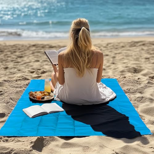 Outdoor Pocket Blanket, 55"x39" Waterproof Foldable Compact Small Pincic Blanket, Ultralight Tarp for Camping, Festival, Beach, Hiking, Backpacking, Travel and More, Stakes Included - color: Sky Blue, size: 55"*39"