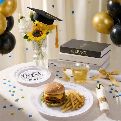 Goodluck 350 Piece Graduation Gold Plastic Dinnerware Set for 50 Guests, Congrats Grad Disposable Plates Include: 50 Dinner Plates, 50 Dessert Plates, 50 Cups, 50 Pre Rolled Napkins with Silverware - color: White, style: 350 Piece (50 guests)