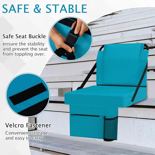 2pcs Stadium Seat for Bleachers with Back Support，Portable Bleacher Chairs with Back and Cushion，Includes Shoulder Strap and Cup Holder - color: Cyan,2 Pack