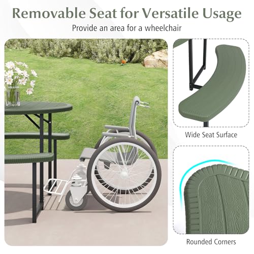 Byroce 8-Person Picnic Table for Outdoors, HDPE Picnic Table Set with 4 Benches, Umbrella Hole & Metal Frame, Heavy Duty Round Dining Table Chairs for BBQ Party in Patio, Yard & Poolside (Green) - color: Green
