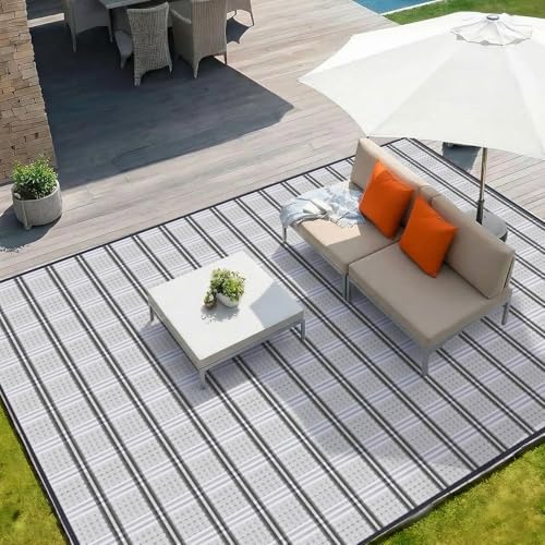 UPGRADE Waterproof Outdoor Rug 8x10 ft, Reversible Plastic Patio Rug, UV Resistant Straw Camping Mat with Carry Bag for RV Beach Deck Backyard, Gray & White - color: Gray & White, size: 8' x 10'