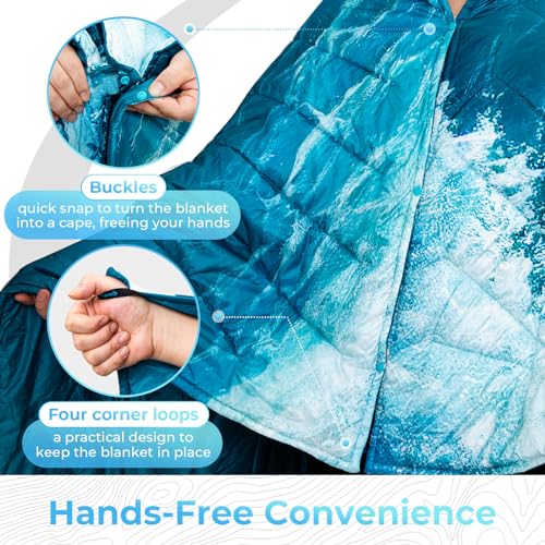 KingCamp Ultralight Camping Blanket, Packable Down Alternative Puffy Printed Wearable Blanket with Snap Buttons & Corner Loops Weatherproof Quilt for Outdoor Travel Stadium (78.7"L x 57.1"W SEAWAVE) - color: Scenictrail-seawave, size: 79" x 57"
