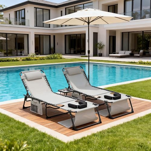 Face Down Chaise Lounge Chair Set of 2, 5-Position Adjustable Sunbathing, Foldable Tanning Chair with Face& Arm Holes, Outdoor Recliner Chair for Pool, Beach, Patio, Lawn (Gray, 2 Pcs) - color: Gray&hole
