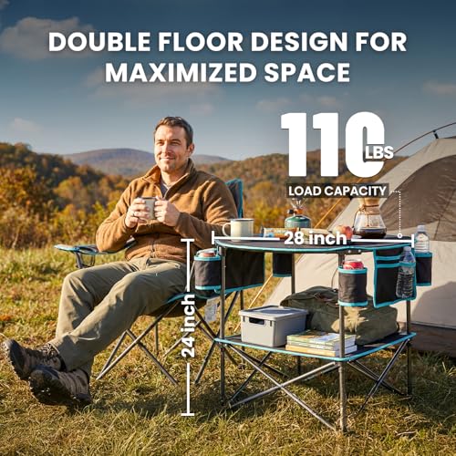 FUNDANGO All in One Tailgate Table, Portable Beach Table with Cup Holders, Camping Table Foldable with Side Pockets Carry Bag for Camp Outdoor Sand Beach Picnic Fishing Tailgating Essentials