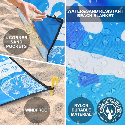 HIHOHO Beach Blanket Waterproof Sandproof Beach Mat for 1-8 Adults Quick Drying Durable Outdoor Picnic Mat for Beach Festival Travel Camping Hiking (Elephant-GC BL, 79"×83"(4 Person)) - color: Elephant-gc Bl, size: 6'11" x 6'7"