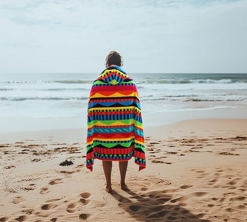 COTTON CRAFT Hooded Beach Towel for Adults – Oversized 39 x 68 Towel with Hood - 100% Cotton Velour Terry Jacquard Pool Bath Wrap - 450 GSM Soft Absorbent Quick Dry – Cozumel Red Blue Yellow - color: Cozumel - Red Blue Yellow, size: 1 Pack - 39x68 Hooded