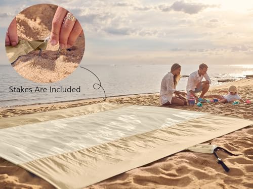 WEKAPO Beach Blanket Sandproof Waterproof, Extra Large Beach Mat, Oversized & Compact Sand Free, Quick Drying Beach Essentials for Vacation, Cruise, Picnic & Camping with Stakes - color: Beige, size: 9x7 FT (1～5 person)