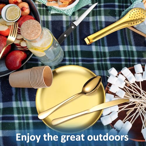 Camping Silverware Kit Cutlery Organizer Utensil Picnic Set Stainless Steel Plate Spoon Clip and Serrated Knife Wine Opener Fork Napkin Hiking - Camp Kitchen BBQ’s - color: Camping Silverware Set-24set-Gold