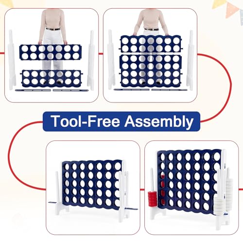 COSTWAY Giant 4-in-a-Row Game Set, Jumbo 4-to-Score for Kids and Adults with 42 Jumbo Rings & Quick-Release Slider, Indoor Outdoor Yard Party Game for Lawn, Holiday Party & Family (Navy Blue & White) - color: Navy Blue & White