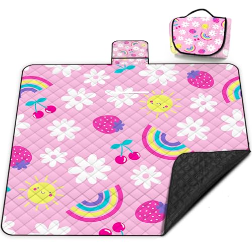Extra Large Picnic Blanket Waterproof,80"x 80"Foldable Machine Washable Beach Blankets,Outdoor Blanket for 6-8 Adults, Picnic Mat Suitable for Indoor Crawling,Park Beach,Camping,Hiking, Travel(Pink) - color: Pink Cute, size: 6'8" x 6'8" (Square)
