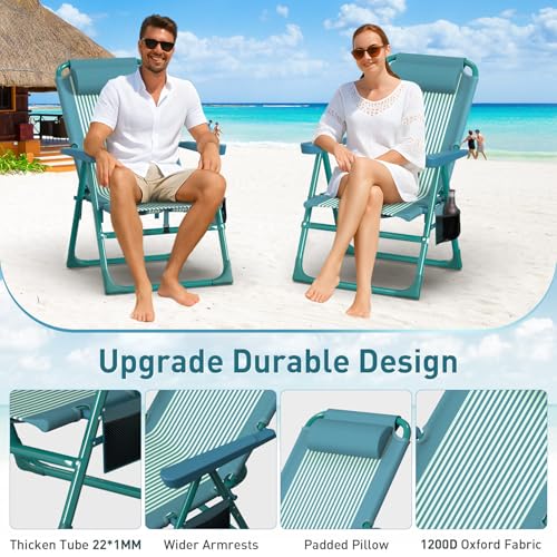 Suteck Backpack Beach Chair for Adults - 6-Position Folding Reclining Chair with Cooler Bag & Cup Holder, Lightweight Portable Beach Chair for Camping, Outdoor, Sand, Travel Use - color: Indigo White Stripes