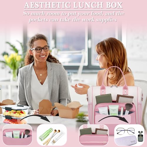 Aesthetic Lunch Box for Women Preppy Insulated Lunch Bag for Young Ladies College Lunch Tote Bag School Supplies Accessories - color: A15: Beige,Pink, size: Large