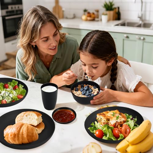 Wheat Straw Dinnerware Sets 16 PCS, Unbreakable Kids Plates and Bowls for 4-9 IN Plates, 26 OZ Cereal Bowls, 2 OZ Dipping Bowl, 12 OZ Cups, Dishwasher & Microwave Safe Plate Set - Black - color: Black, size: 16 PCS