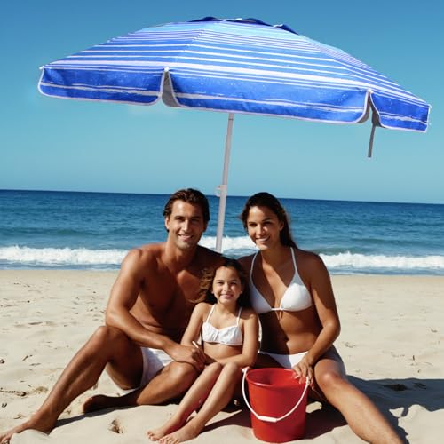 LOTTAFUN 6.5ft Beach Umbrella - Heavy Duty Wind Resistant UV 50+ Portable Sun Shade with Sand Anchor & Carry Bag, Outdoor Folding Umbrella for Beach, Pool, Patio, Garden (Blue Stripe) No Tilt - color: Blue Wave Stripe