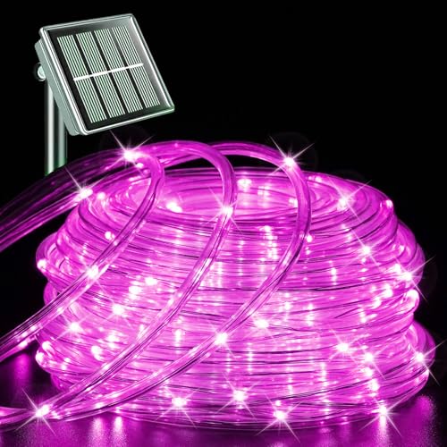 YEGUO Solar Rope Lights Outdoor Waterproof, 66ft 200 LED Pink String Lights, 8 Modes Fairy Lights in Clear Thin Tube - color: Pink