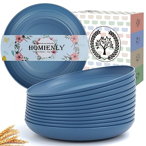 Homienly Deep Dinner Set of 12 - Alternative for Plastic, Microwave and Dishwasher Safe Wheat Straw Plates for Kitchen, Unbreakable Kids (Blue, 9 Inch) - color: 12 PCS Blue, size: 9 IN