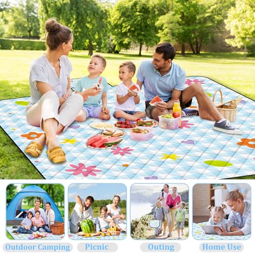 Extra Large Picnic Blanket Waterproof,80"x 80"Foldable Machine Washable Beach Blankets,Outdoor Blanket for 6-8 Adults,Picnic Mat Suitable for Indoor Crawling,Park Beach,Camping,Hiking,Travel( Flower) - color: Blue Flower, size: 6'8" x 6'8" (Square)