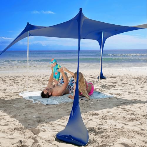 SUN NINJA Beach Tent Sun Shelter UPF50+ - Easy Pop Up Beach Canopy - Outdoor Shade for Camping Trips, Fishing, Backyard Fun Picnics - Sand Shovel, Ground Pegs & Stability Poles - color: Navy, size: 7x7.5 FT 4 Pole