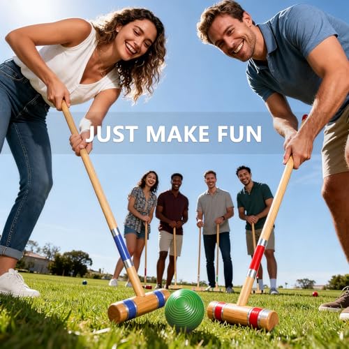Six Player Croquet Set with Premium Wooden Mallets 28 in, Colored Ball, Wickets, Stakes, Perfect Outdoor Game, Yard Game, Party BBQ Game for Adults & Families (Includes Sturdy Carrying Bag) - color: Natural Wood