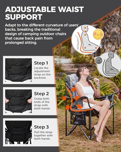 KingCamp Oversized Camping Folding Chair, Heavy Duty 450 LBS with Lumbar Support, Padded seat with Cup Holder&Cooler Bag, Ideal for Camp, Fishing, Sports Event, Backyard, Patio, Lawn - color: Black/Grey-2 Pack