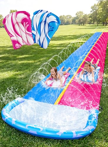 JOYIN 22.5FT Water Slide and 2 Inflatable Boards, Extra Long Heavy Duty Double Lawn Waterslide with Sprinkler for Kids Adults Backyard Summer Water Toy Outdoor Fun, Blue, Pink - color: Blue, Pink, size: 22.5ft