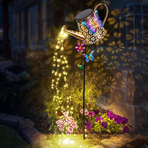 Solar Watering Can with Lights Outdoor Garden, 41" Tall Waterproof Garden Stake Lights Decoration for Yard Lawn Patio Pathway Front Porch Landscape Gardening Gifts for Mom Grandma Women Birthday Gift - color: Butterfly-Blue-Purple