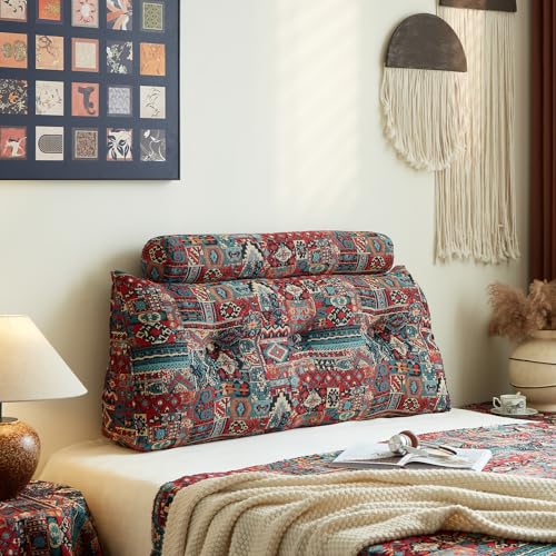 Triangular headboard reading pillow, comfortable sponge wedge queen pillow, disassembleable cotton and linen long strip pillow, sofa backrest pillow - color: Sparks Bloom, size: Full