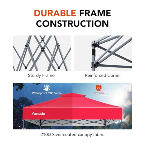 Amada 10x10 Pop Up Canopy Tent, 1-Button Push Easy-up Outdoor Canopy Beach Tent with 3-Height Adjustable Waterproof Shade Shelter, Wheeled STO-N-Go Bag 8 Stakes, 4 SandBags (Red) - color: Red, size: 10x10ft
