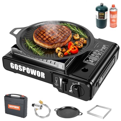 Propane or Butane Stove with Windblocker, Dual Fuel 10,000 BTU Portable Gas stove for Camping, Automatic Ignition Gas Stove with Adapter Hose Carrying Case & Griddle for Hiking (Fuel Not Included) - color: Classic Black