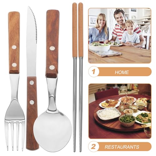 Stainless Steel Flatware Set with Wooden Handles, Fork Spoon Knife Chopstick Kit, Portable Camping Cutlery Set with Gray Carrying Bag for Outdoor Dining and Western Restaurant Use