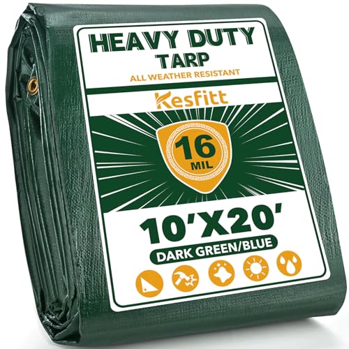 Kesfitt 16 Mil Heavy Duty Waterproof Tarp with Metal Grommets, Dark Green & Blue Reversible Poly Tarp, 10x20 ft, for Outdoor Protection, Yard, Garden, Farm, Camping & Equipment Coverage - color: 16mil-green/Blue, size: 10x20 ft