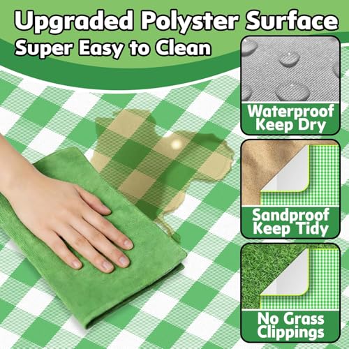 Large Picnic Blanket Beach Blanket 70'' x 70'', Outdoor Waterproof Sandproof Foldable Blanket, Camping Garden Grass Patio Lawn Park Hiking Travel Essential Accessories Green Gingham Mats