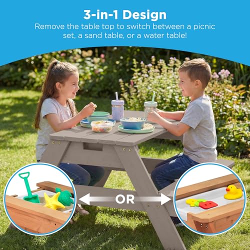 Best Choice Products Kids Picnic Table with Umbrella, 3-in-1 Sand & Water Table, Outdoor Convertible Picnic Table for Toddlers, Seats 4, Removable Top, 2 Buckets - Gray/Navy - color: Gray/Navy