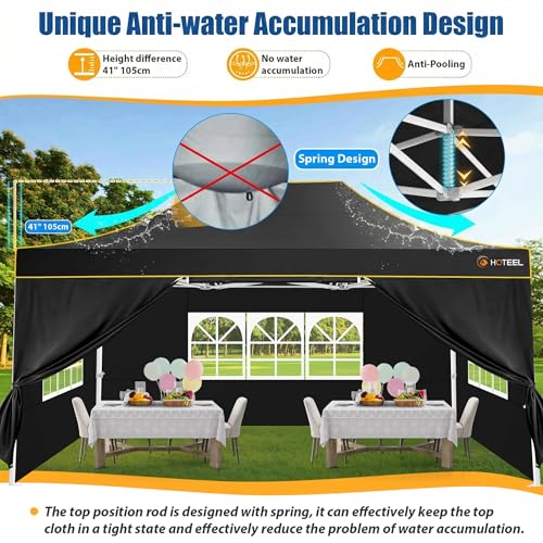 HOTEEL 10x15 Heavy Duty Pop up Canopy Tent for Parties with 4 Sidewalls, Easy Setup Outdoor Commercial Instant Gazebo for Wedding Event, with Roller Bag & Sand Bags, Black(Hexagonal Frame) - color: Black, size: 10x15FT (+4 Walls)