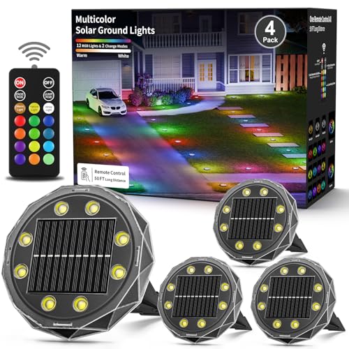 Solar Ground Lights with Remote, 15 Multi Color Solar Garden Lights Waterproof, RGB Solar Powered Outdoor Landscape Lighting for Pathway, Yard, Deck, Lawn, Patio, Walkway, Poolside, 4 Pack - size: 4 Pack
