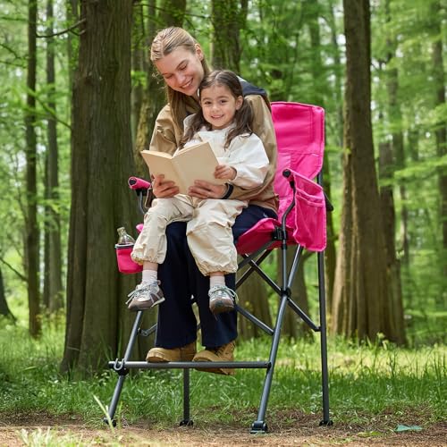 EVER ADVANCED Tall Camping Directors Chair with Cup Holder 31", Bar Height Folding Chair for Camping, Sports with Carry Bag, Mesh Pockets and Footrest, Heavy Duty 300 lbs, Pink - color: Pink, style: Fabric