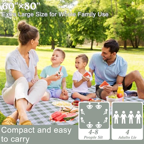 Extra Large Picnic Blanket 80''x 60'' Picnic Mat Waterproof Sand Proof Foldable for Beach, 5-Layer Outdoor Blanket for 6 to 8 Adults,Camping Lawn Hiking Travel Park Music Festival Wedding Mats(Green) - color: Green, size: 5' x 6'8" (Square)