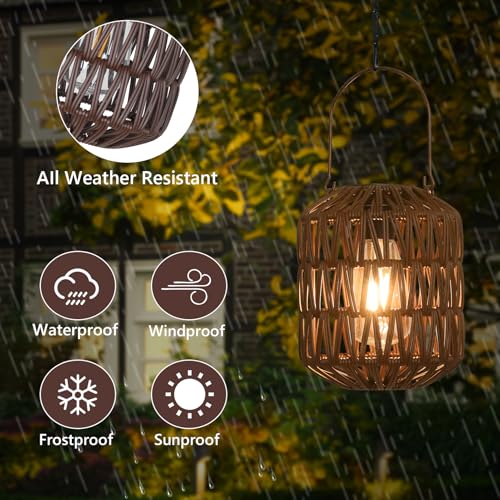 Rattan Outdoor Solar Lanterns, Solar Lights Outdoor Waterproof, 2 Pack Outside Table Lamp, Gardening Lantern Lights Gifts for Women, Hanging Lantern for Yard, Patio, Tree, Tabletop Decoration (Coffee) - size: 2 Pack-Coffee