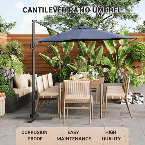 10ft Cantilever Patio Umbrella with Base - 360° Rotation & Adjustable Tilt - Heavy-Duty Waterproof Canopy - Rust-Resistant Aluminum Frame - Windproof Offset Sun Shade for Garden, Deck, Pool, or Backyard - Grey or Beige - color: Navy Blue