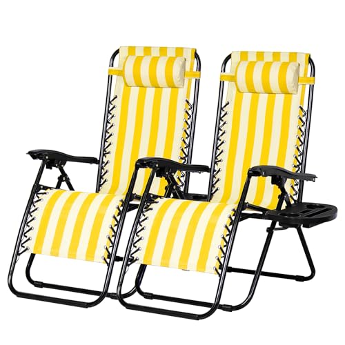 Nazhura Set of 2 Relaxing Recliners Patio Chairs Adjustable Steel Mesh Zero Gravity Lounge Chair Beach Chairs with Pillow and Cup Holder (Yellow Stripe) - color: Yellow Stripe