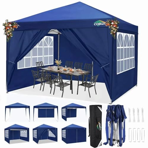 COBIZI 10x10 Pop Up Canopy Tent with 4 Sidewalls, Easy Set up Canopy 10x10 Waterproof Commercial Outdoor Gazebo Portable Shelter Instant Tents for Parties,Backyard,Flea Market(Carrying Bag×1,Navy Blue - color: Navy Blue, size: 10x10FT with 4 sidewalls