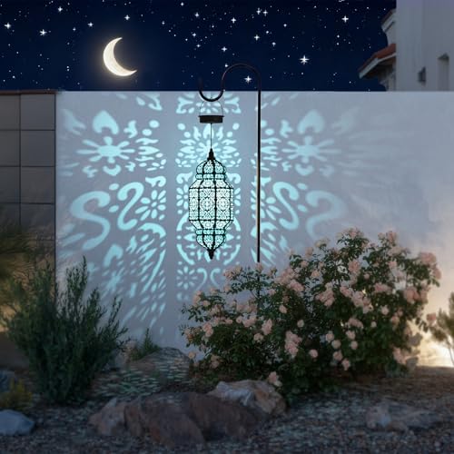 18 Inch High Large Hanging Solar Lights Outdoor Garden Decor, Decorative Waterproof Plastic Moroccan Solar Lantern Lamp, Outside Decorations for Patio Yard Porch Decor, Gardening Gifts for Women Mom - color: Black Blue, size: 1pack
