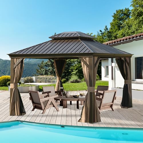Domi 10’x12’ Hardtop Gazebo with Gutters, Outdoor Metal Gazebo for Patios with Galvanized Steel Double Roof, Heavy Duty Curtains and Netting Included, Pergola for Backyard, Garden Lawn, Deck, Brown - color: Brown, size: 10'x12'/w gutter