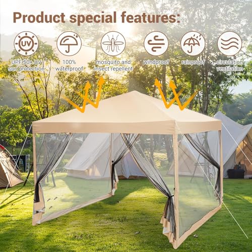 10x10 ft Pop-Up Canopy Tent with Mesh Mosquito Netting Sidewalls, Waterproof UV-Block Screen Shelter for Camping, Backyard, Patio, Garden & Outdoor Events - color: Beige, size: 10x10ft