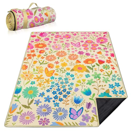 Floral Picnic Blankets Waterproof Foldable, 80″X80″ Extra Large Picnic Mat Boho Outdoor Blanket for Grass, Cute Packable Beach Blanket Sandproof Picnic Accessories for Camping Music Festival Park Lawn - color: B02, size: 6'8" X 6'8" (Square)