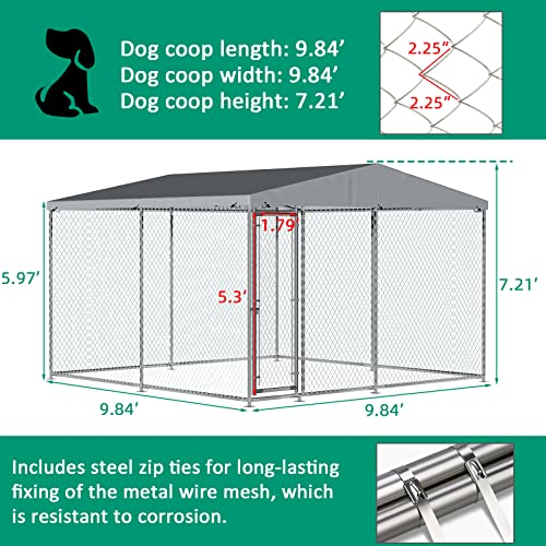 VIVIJASON Outdoor Large Dog Kennel Heavy Duty Fence Dog Cage with Galvanized Chain Link, Outside Pen Playpen Dog Run House with UV & Waterproof Cover and Secure Lock for Backyard(9.84'Lx9.84'Wx7.21'H) - color: 9.84'Lx9.84'Wx7.21'H