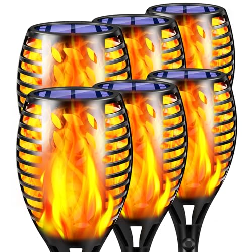 TomCare 6 Pack Outdoor Flickering Flames Torch Decorative Garden Lights Solar Powered Waterproof Lighting for Garden Patio Yard Landscape - color: Black, size: Medium - 6 Pack